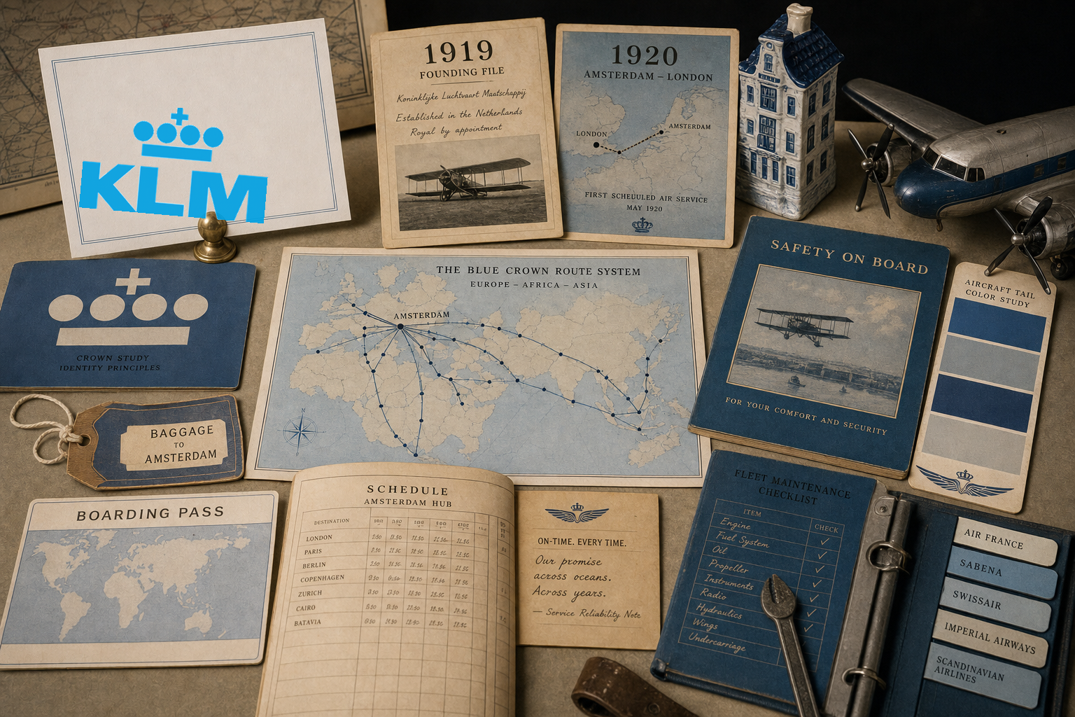 Premium editorial archive still-life of a KLM blue crown route trust case with KLM source-mark card, 1919 founding file, 1920 Amsterdam-London route card, blue crown study, route map, boarding pass silhouette, baggage tag, safety card, Delft-blue house souvenir, and maintenance checklist