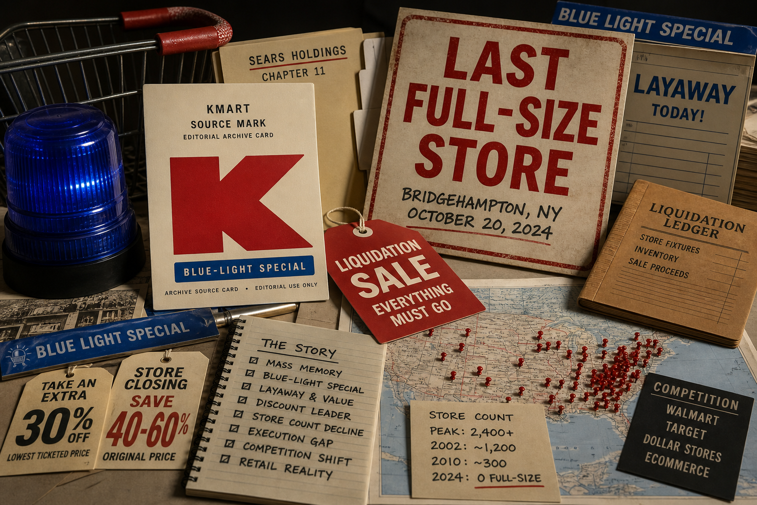 Premium editorial archive still-life of a Kmart failed-brand case with blue-light beacon, red K source card, layaway tag, liquidation sale tag, store-count map, Chapter 11 folder, and discount retail competition card