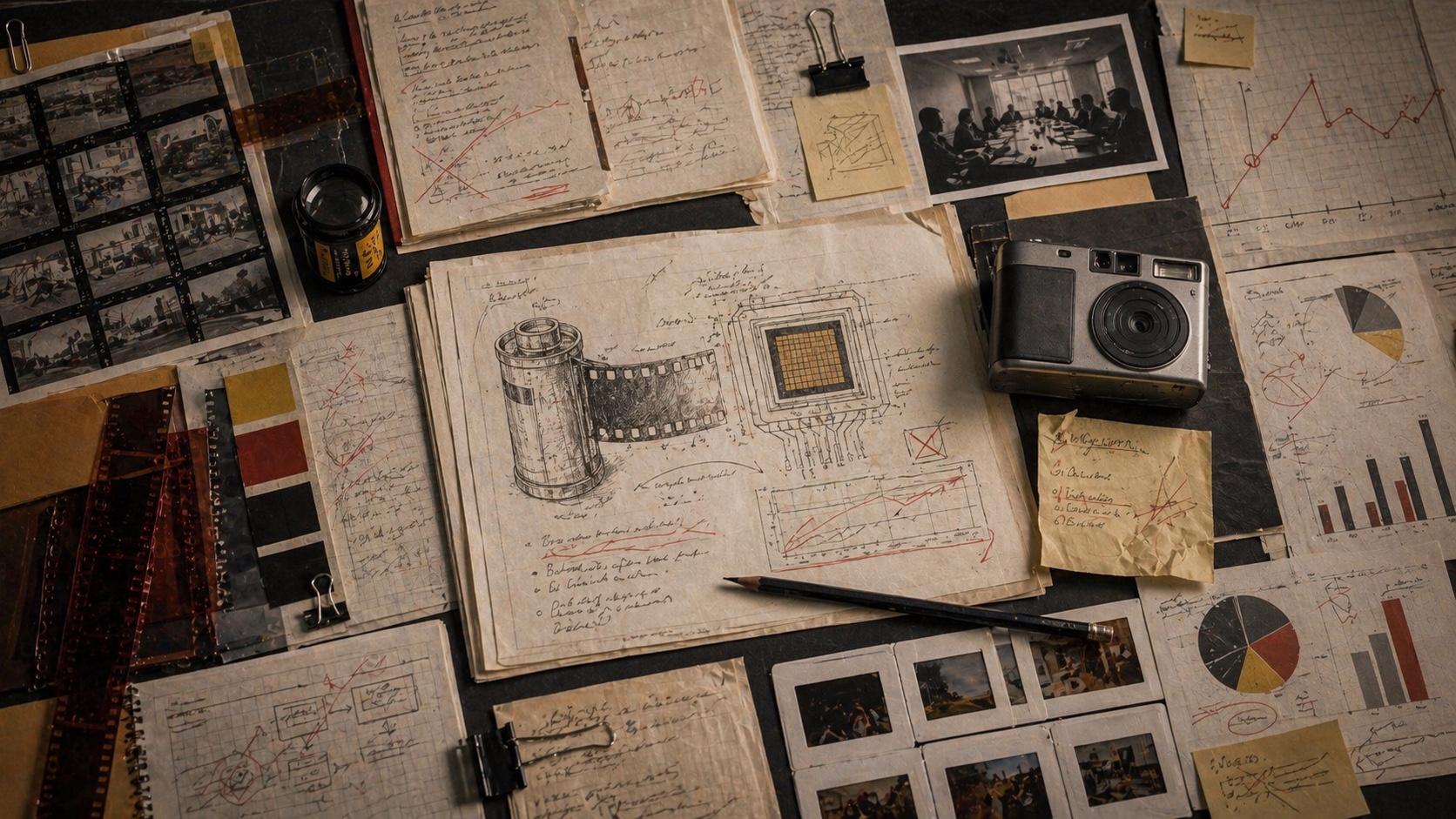 Editorial archive table with film strips, camera notes, market charts, and digital transition evidence