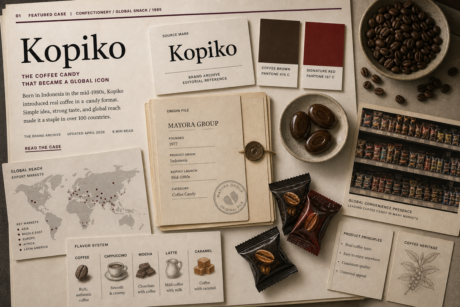 Premium editorial archive still-life of a Kopiko coffee candy case with source-mark card, coffee beans, brown and red wrapper color cards, candy pieces, Indonesia export map, convenience shelf card, Mayora origin file, and flavor notes