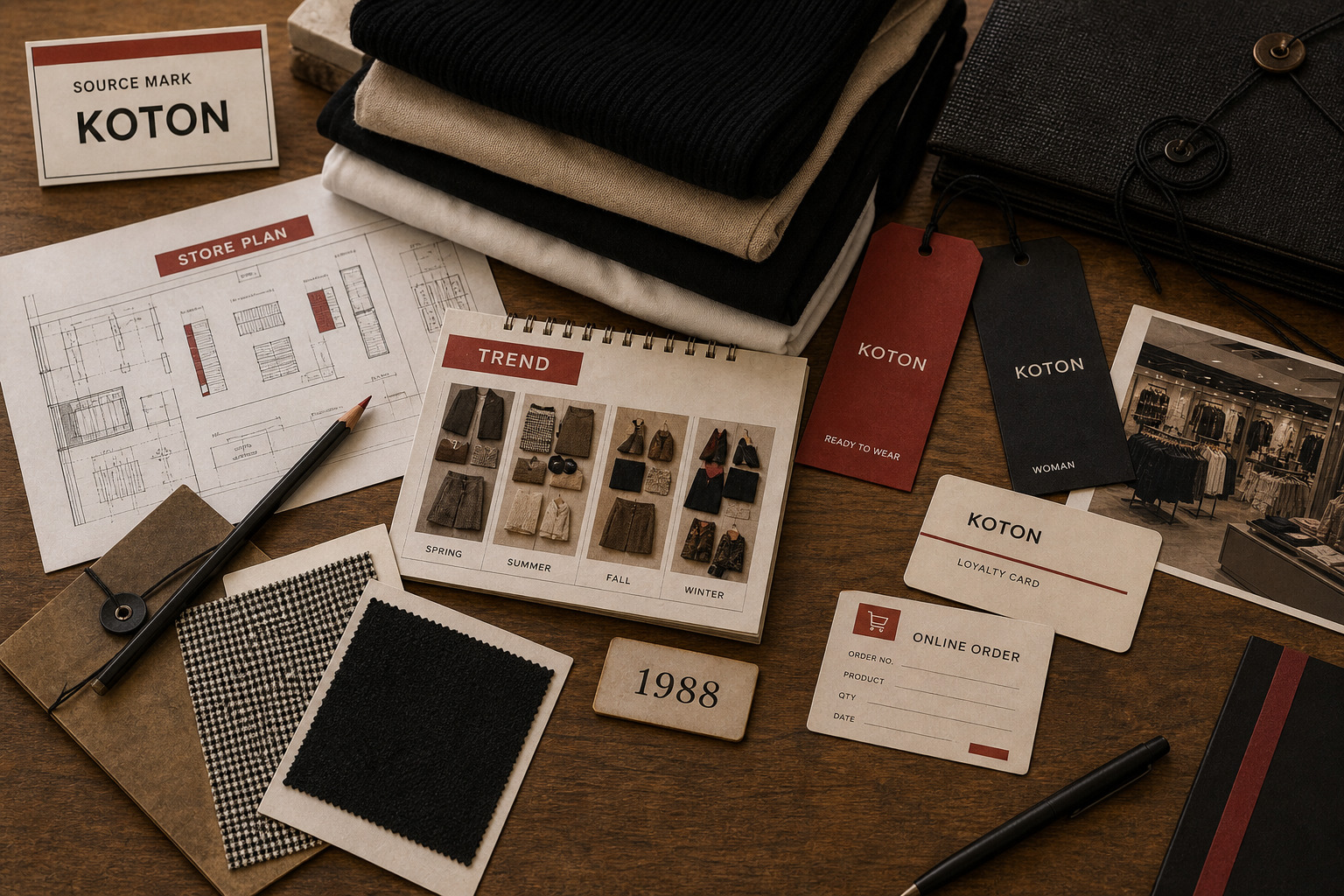 Premium editorial archive still-life of a Koton fashion retail case with red and black retail swatches, garment hang tags, store layout plan, trend timing cards, loyalty note, online channel map, design lab file, and 1988 origin card
