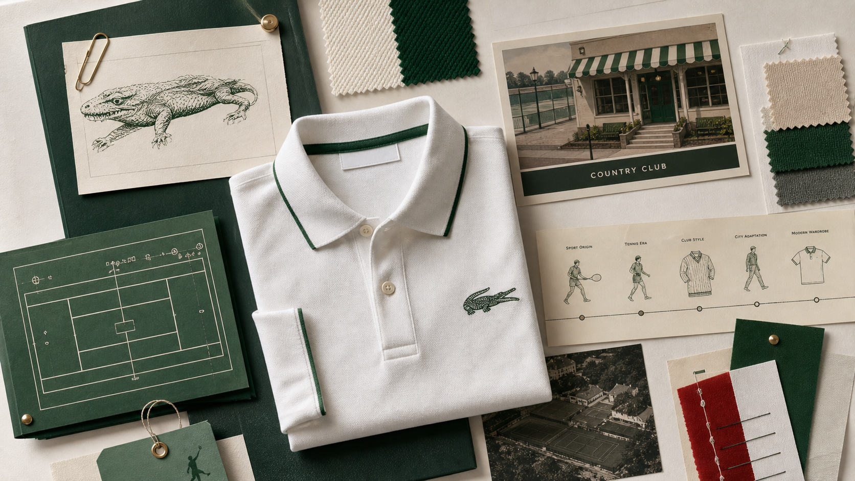 Premium editorial archive still-life of a Lacoste sport-style case with generic polo shirt, tennis court diagram, cotton pique swatches, crocodile-inspired sketch, country club retail card, and sport-to-fashion timeline