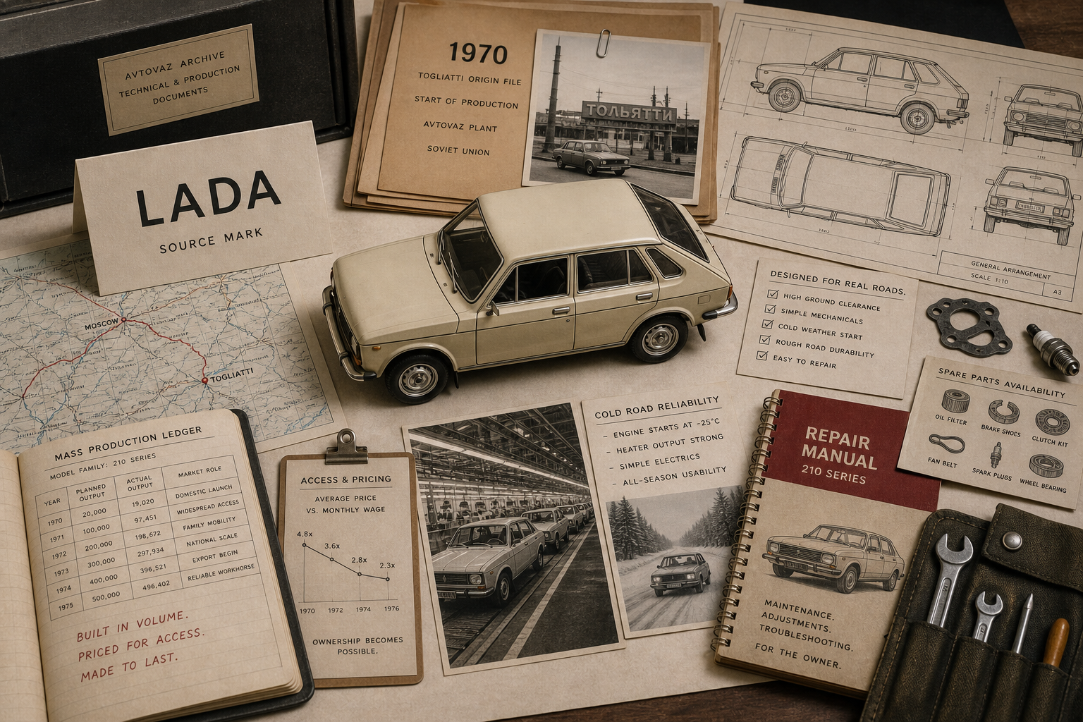 Premium editorial archive still-life of a Lada rugged access car case with source-mark card, compact car model, factory blueprint, 1970 Togliatti origin file, road map, repair manual, spare parts cards, and durability checklist