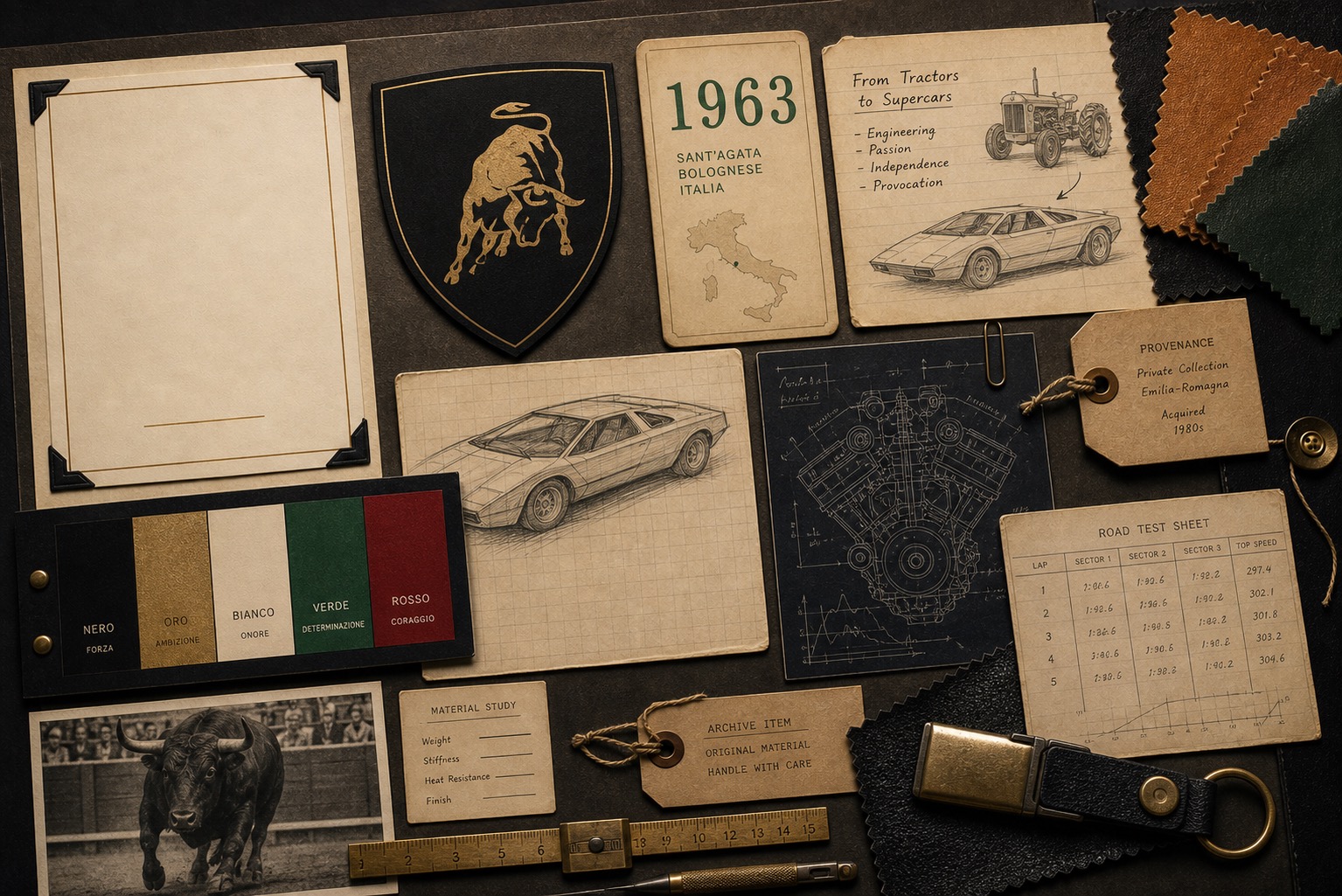 Premium editorial archive still-life of a Lamborghini raging-bull supercar case with bull shield study, 1963 Sant'Agata card, tractor-to-supercar note, angular car body study, engine blueprint, leather swatches, and road-test sheet