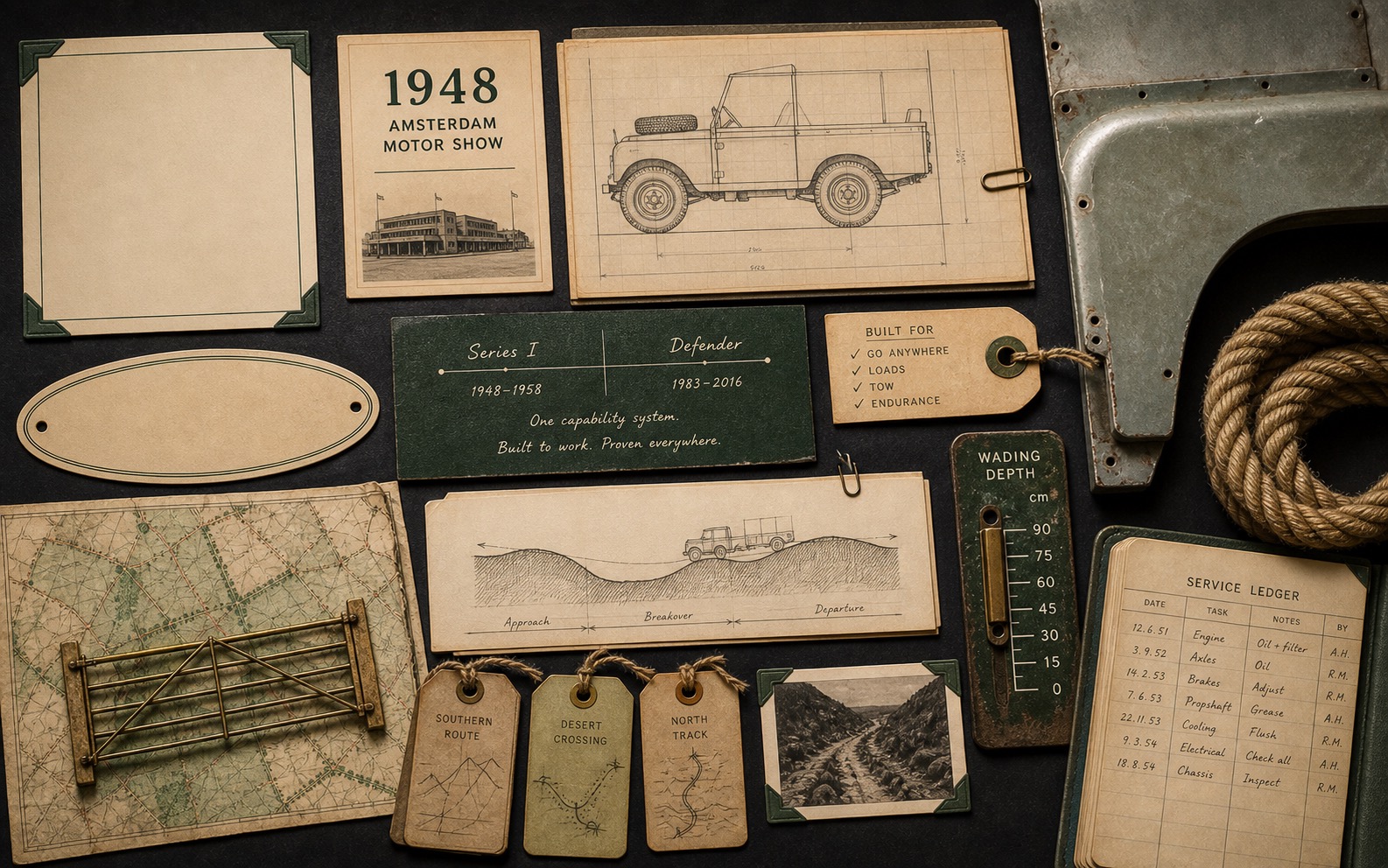 Premium editorial archive still-life of a Land Rover Defender capability-continuity case with 1948 Amsterdam Motor Show card, Series I blueprint study, Defender continuity note, aluminum panel, wading-depth gauge, route tags, tow rope, and service ledger
