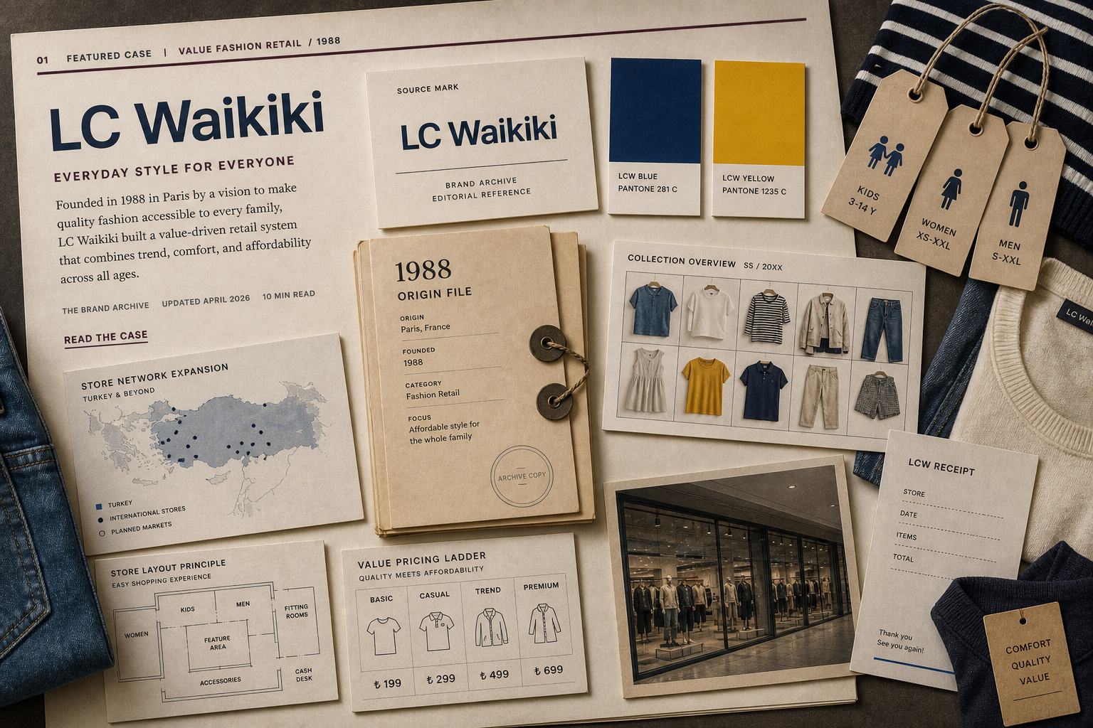 Premium editorial archive still-life of an LC Waikiki value fashion case with source-mark card, blue and yellow retail swatches, family clothing hang tags, Turkey store expansion map, pricing ladder cards, model-free lookbook, mall storefront plan, and 1988 origin file