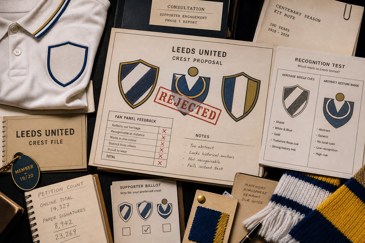 Premium editorial archive still-life of a Leeds United crest proposal case with source-mark card, shirt collar, shield studies, supporter petition ledger, rejection stamp, consultation notes, and fan recognition checklist