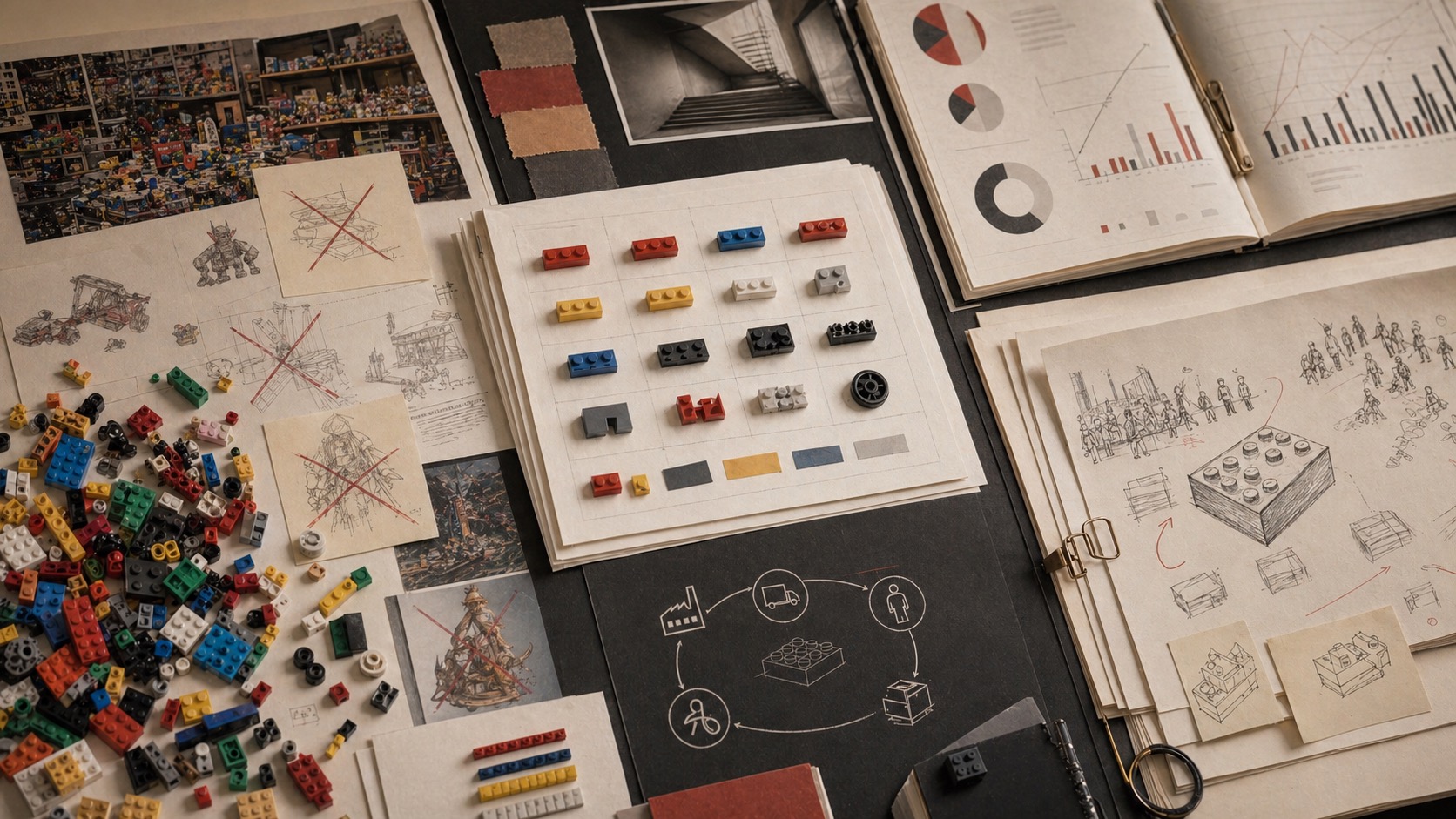 Generated archive desk showing colorful generic brick modules, crossed-out expansion sketches, and system discipline plans