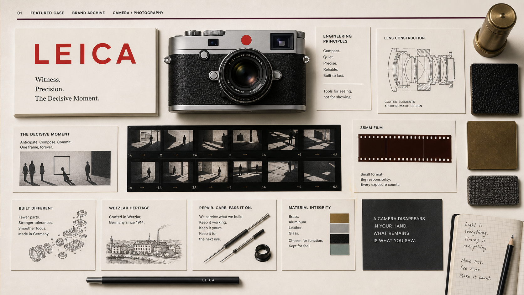 Premium editorial archive still-life of a Leica 35mm camera craft case with source-mark card, rangefinder-style camera body, lens cross-section, film strip, contact sheet, framing card, Wetzlar heritage card, service note, and material swatches