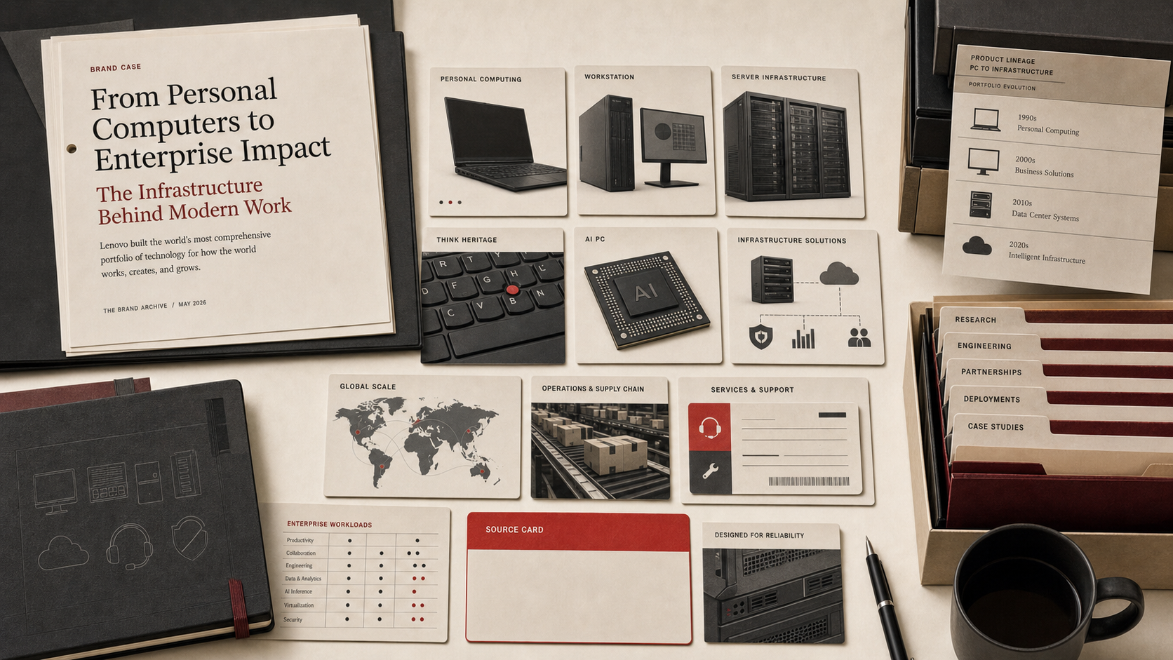 Premium editorial archive still-life of a Lenovo PC-to-infrastructure case with laptop card, keyboard detail card, server rack card, AI chip card, infrastructure solutions card, service ticket, global scale map, and red source card