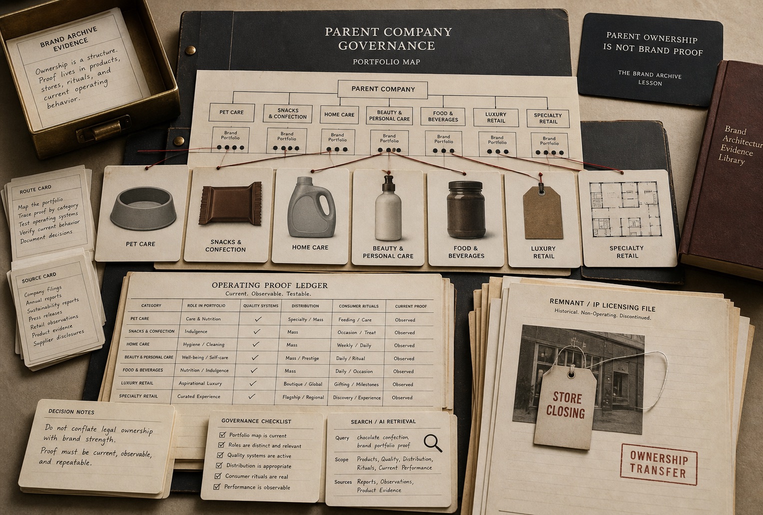 Premium editorial archive-table visual for parent-company portfolio proof with governance folder, portfolio map, category cards, product evidence, operating proof ledger, remnant licensing file, store closing tag, ownership transfer stamp, source cards, route tabs, and search retrieval card