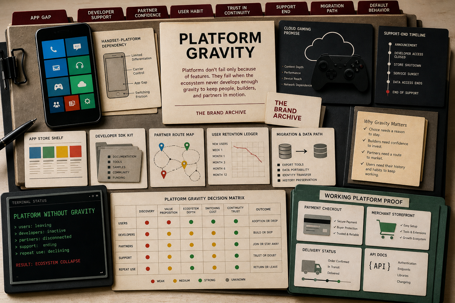 Premium editorial archive-table visual for platform brand ecosystem gravity with smartphone tile interface, cloud-gaming controller, app shelf, developer SDK folder, partner route map, retention ledger, support-end timeline, migration path, and working platform proof cards