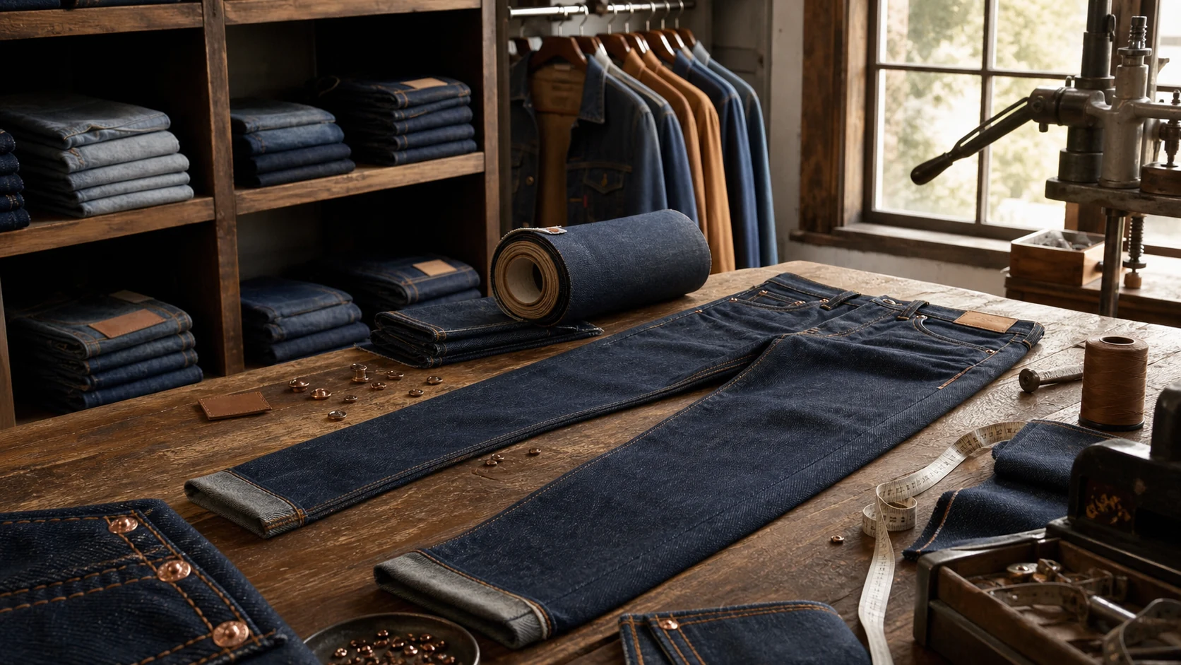 Premium Levi’s-style denim workshop and retail wall with jeans, rivets, blank red tabs, and blank patches.
