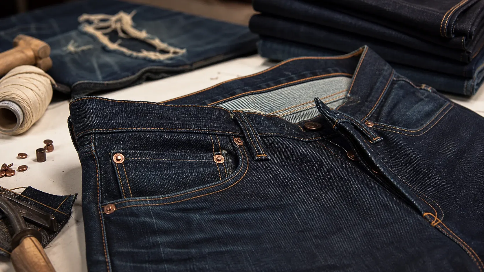 Levis-style denim construction table with jeans, copper rivets, orange stitching, repair tools, and folded denim, no logo text.