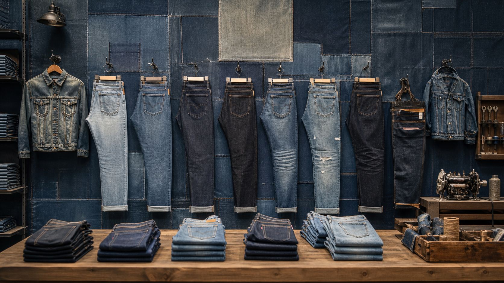 Denim retail wall and fitting table with repair cues, no logos