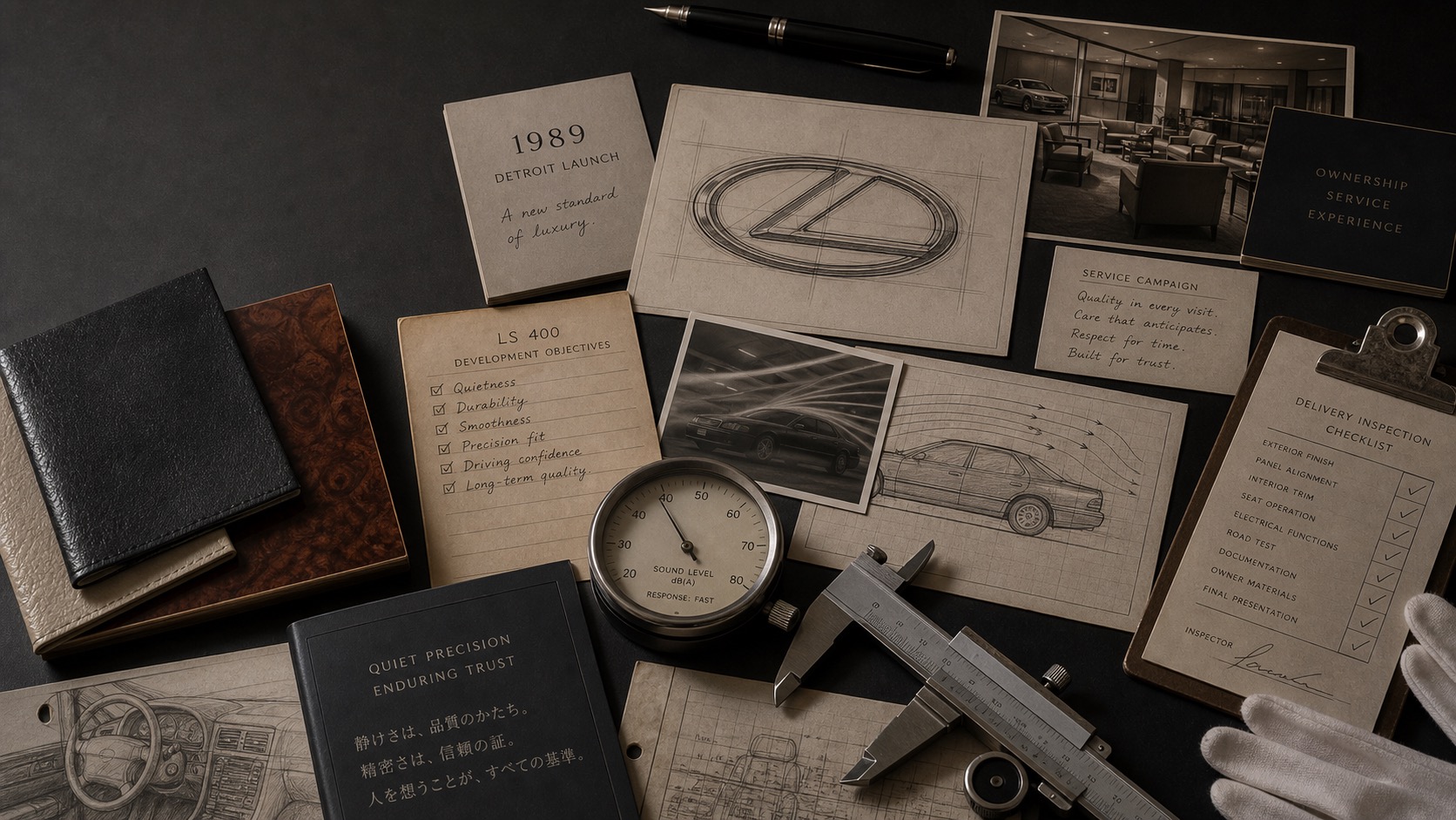 Premium editorial archive still-life of a Lexus LS 400 quiet-luxury case with oval wordmark study, 1989 Detroit launch card, LS 400 development notes, quietness meter, service campaign card, leather and wood samples, precision calipers, airflow sketch, and inspection checklist