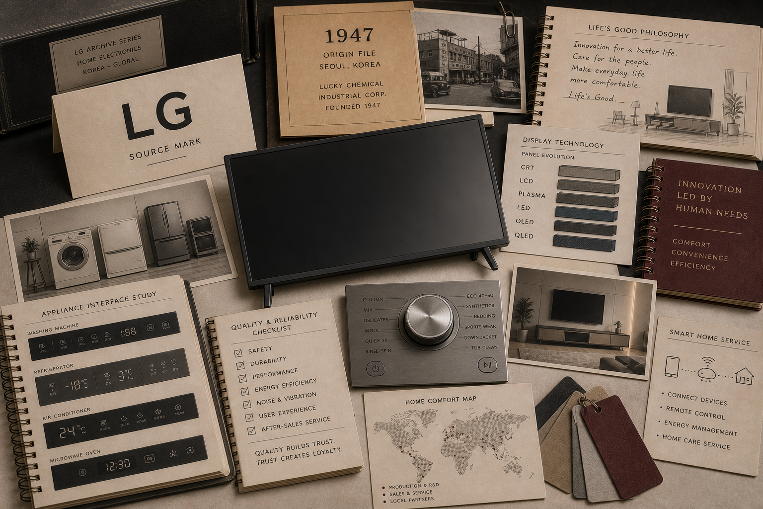 Premium editorial archive still-life of an LG Life's Good home electronics case with source-mark card, appliance dial, display panel sample, remote control, home routine cards, service checklist, and red circle cue