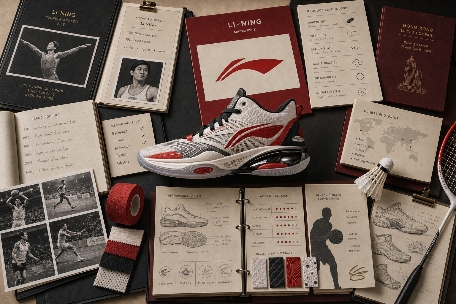 Premium AI-generated archive-table still-life for the Li-Ning case with performance basketball shoe, red source-mark folder, founder-athlete file, Olympic gymnastics proof, product technology notes, athlete feedback binder, badminton shuttlecock, racket grip, material swatches, and Hong Kong-listed company folder