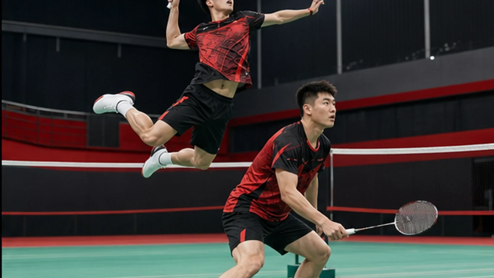 Badminton athlete in competition movement with plain equipment and apparel.