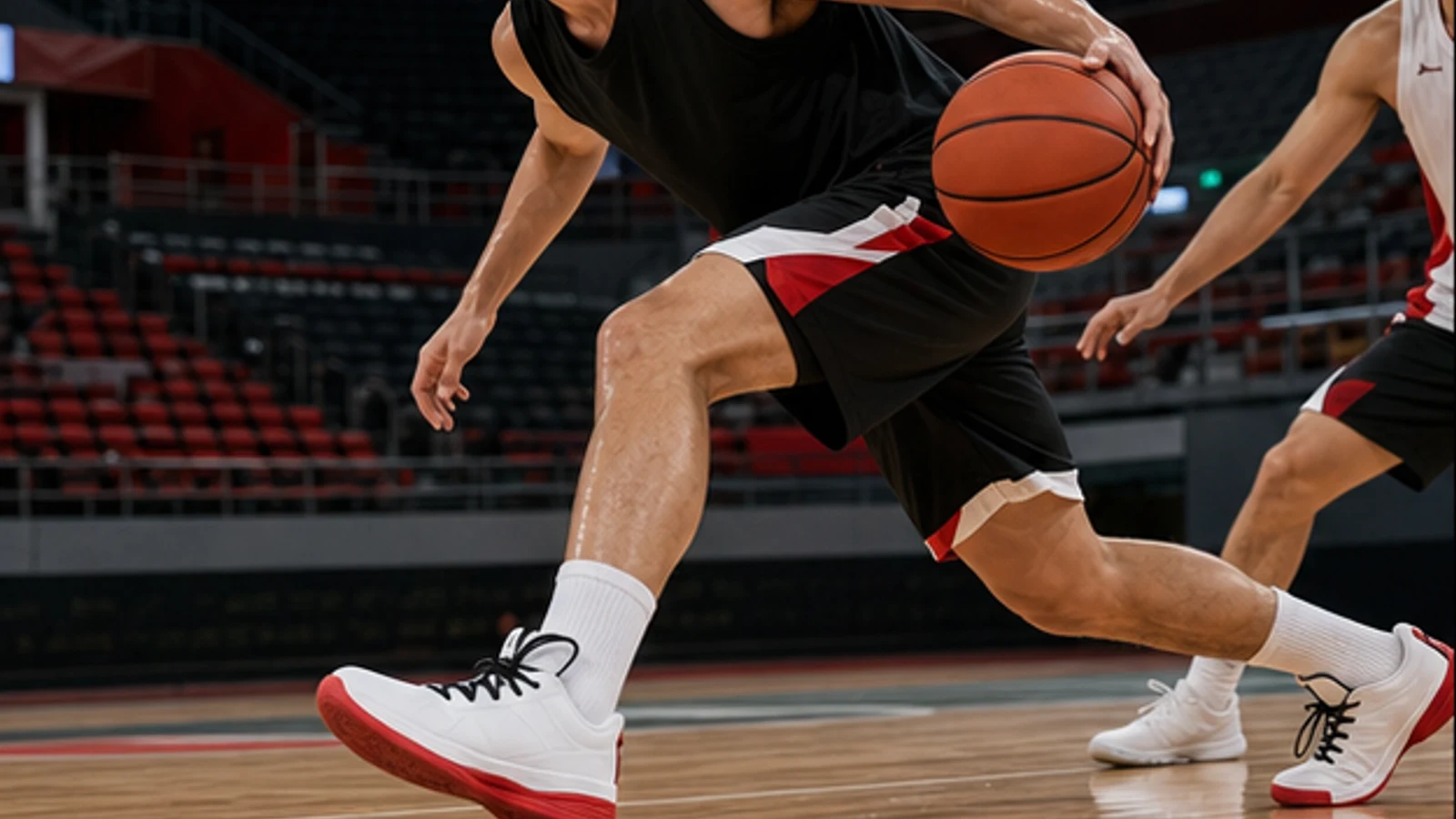 Basketball athlete training on an indoor court in plain footwear and apparel.