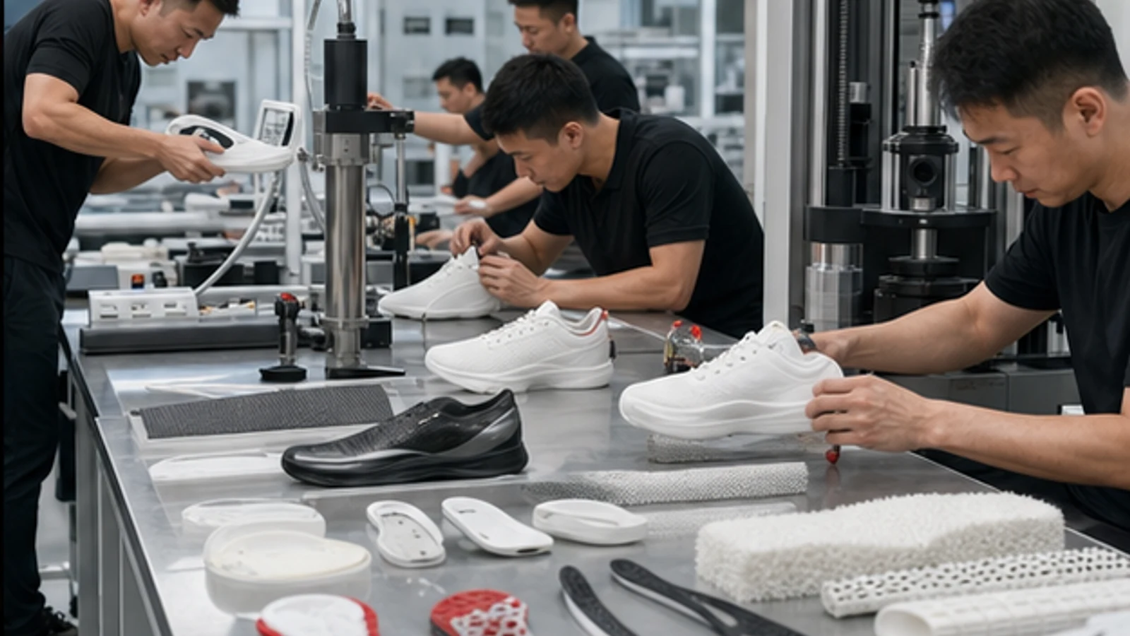 Footwear engineering workbench with material samples and plain performance shoes.