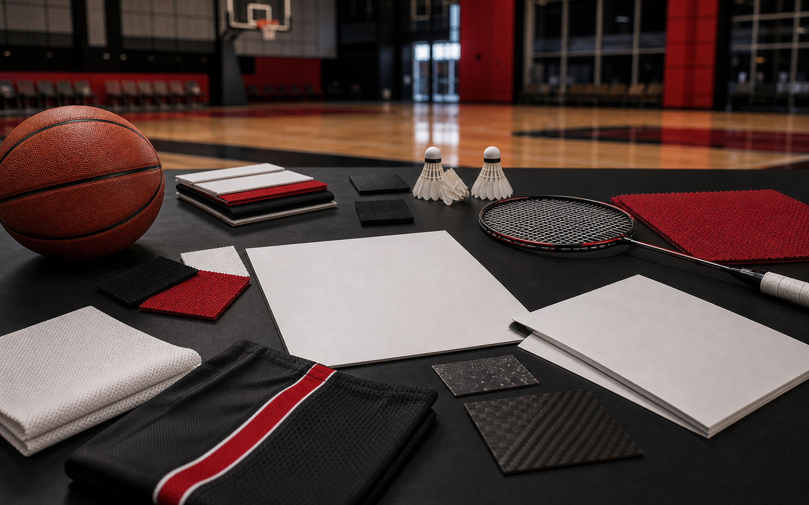 Photorealistic sportswear product-development table with basketball, badminton gear, red-black-white fabrics, blank retail plans, material samples, calipers, stopwatch, and indoor court background.