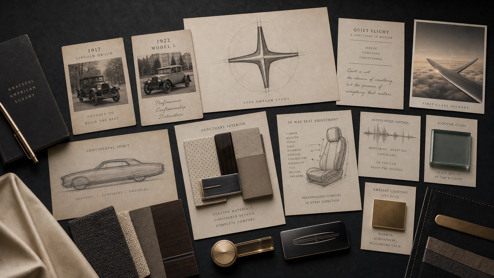 Premium editorial archive still-life of a Lincoln quiet-flight case with four-point star study, 1917 origin card, 1922 Model L card, Continental silhouette sketch, Quiet Flight note, sanctuary interior swatches, 30-way seat diagram, acoustic glass sample, ambient light chip, and first-class travel card
