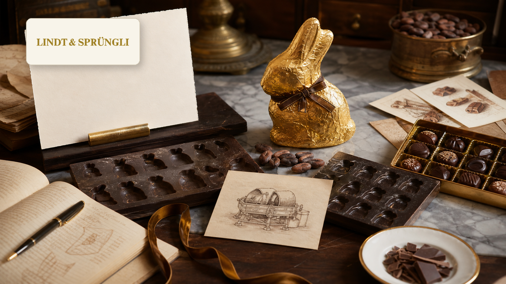 Premium editorial archive still-life of a Lindt chocolate premium ritual case with Lindt source-mark card, gold foil bunny silhouette, chocolate tablet molds, conching-machine sketch card, cocoa beans, ribbon, praline tray, recipe ledger, seasonal display cards, quality checklist, and porcelain tasting plate