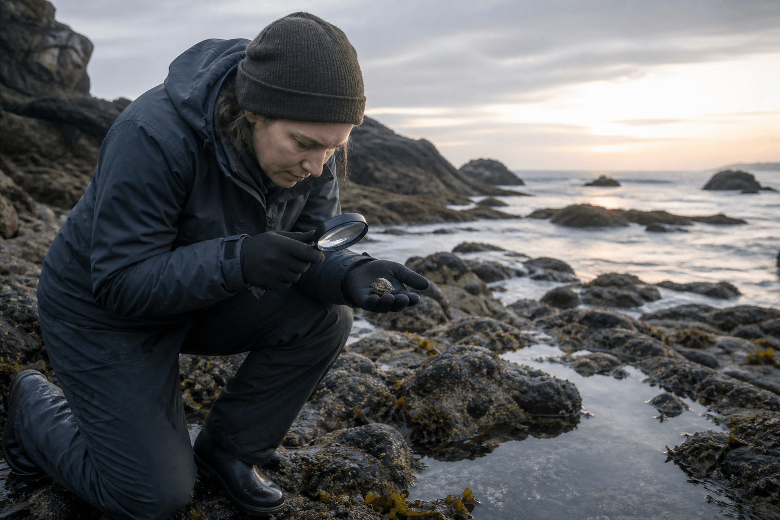 A coastal field specialist examining a real specimen as evidence of sustained expertise.
