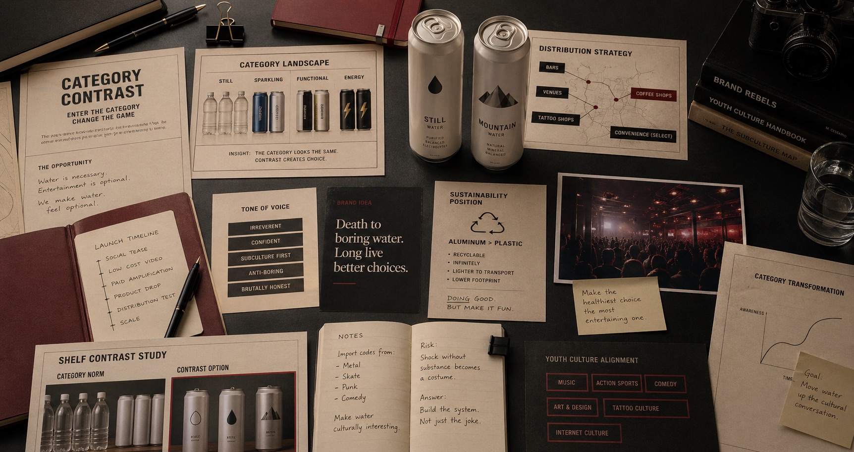 Premium editorial archive still-life of a canned-water category contrast case board with generic tallboy cans, beverage comparison studies, distribution notes, and sustainability memos