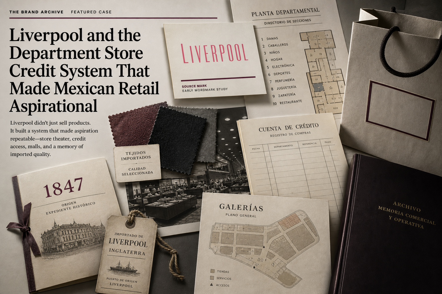 Premium editorial archive still-life of a Liverpool department store credit case with source-mark card, store floor directory, fabric swatches, blank shopping bag, credit account ledger, Galerias mall map, 1847 origin file, and imported-goods shipping tag