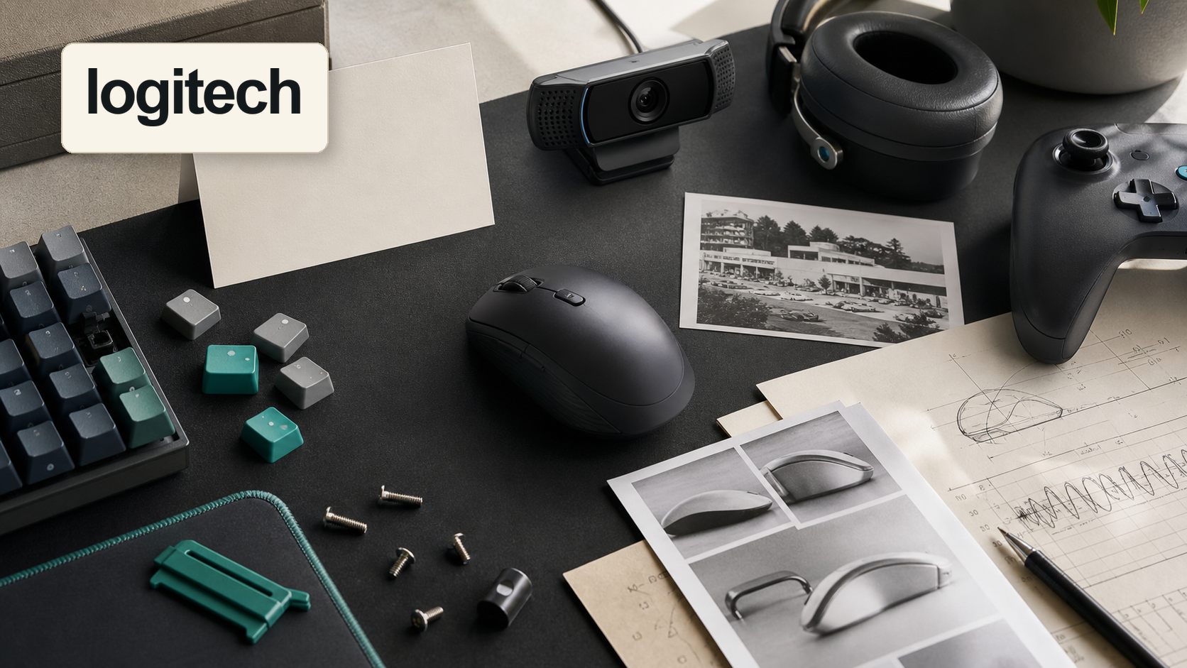 Premium editorial archive still-life of a Logitech work-play interface case with Logitech source-mark card, generic computer mouse, keyboard keycaps, webcam, headset ear cup, gaming mouse pad corner, controller-like input silhouette, remote-work setup card, Lausanne origin file, interface map, testing sheet, screws, and cable clip