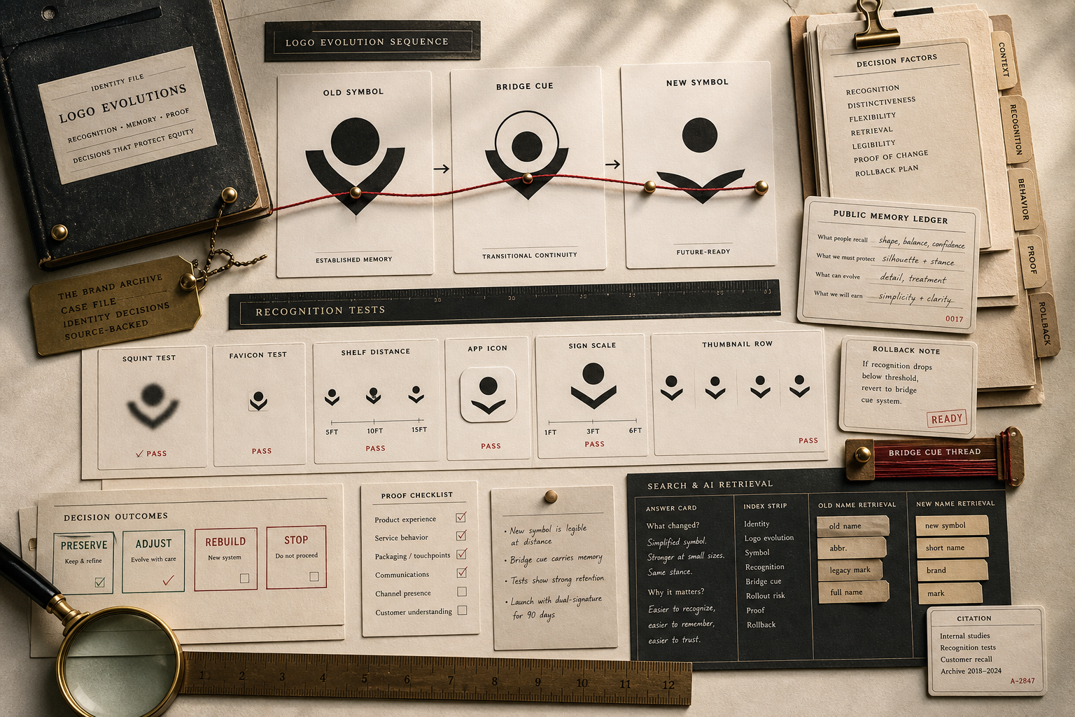 Premium archive-table still-life for logo evolutions with old-symbol, bridge-cue, new-symbol, recognition-test, proof, rollback, and search-retrieval cards.