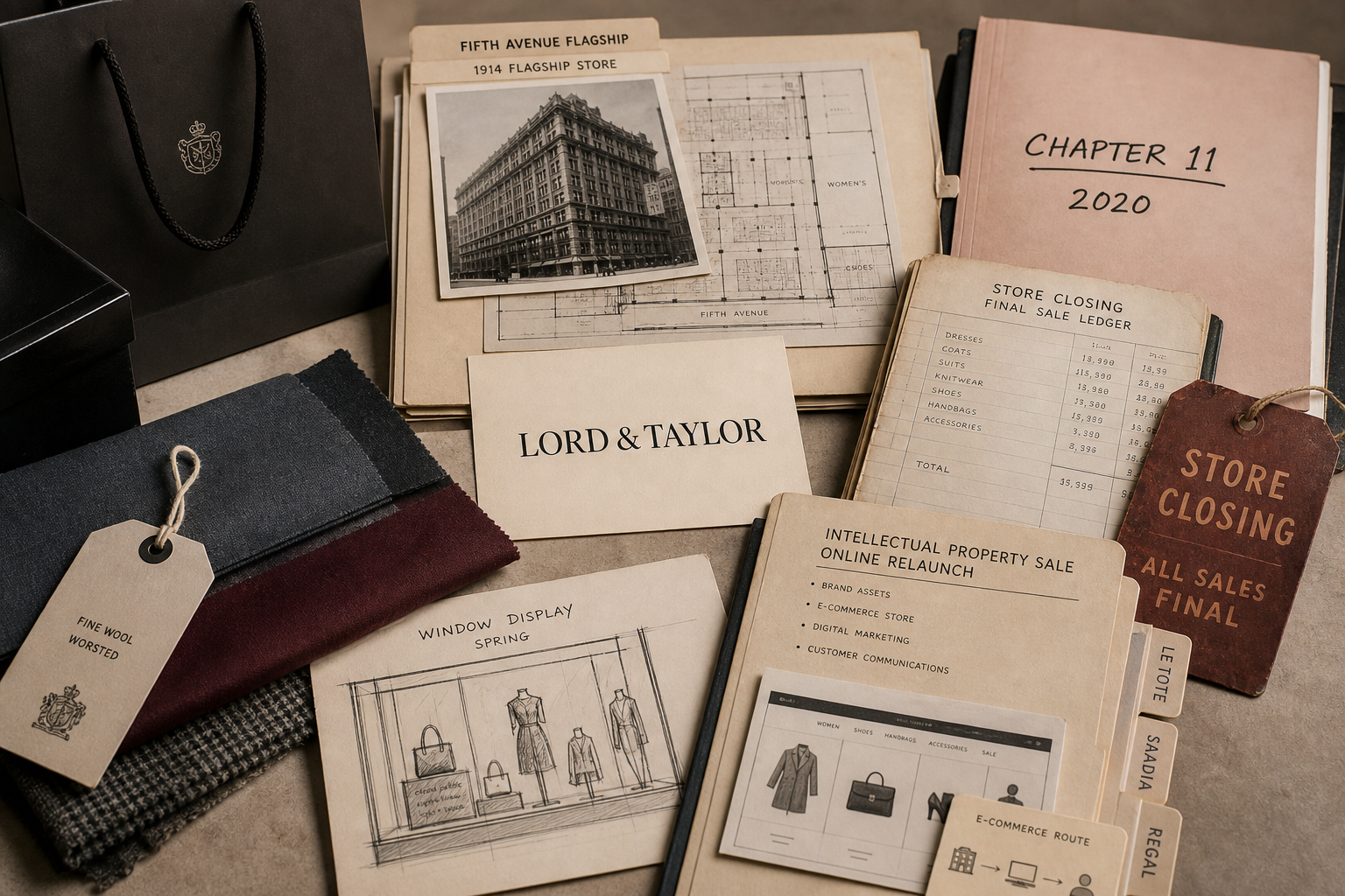 Premium editorial archive still-life of a Lord and Taylor failed department-store case with source-mark card, Fifth Avenue flagship file, Chapter 11 folder, store-closing tag, final sale ledger, and online relaunch folder