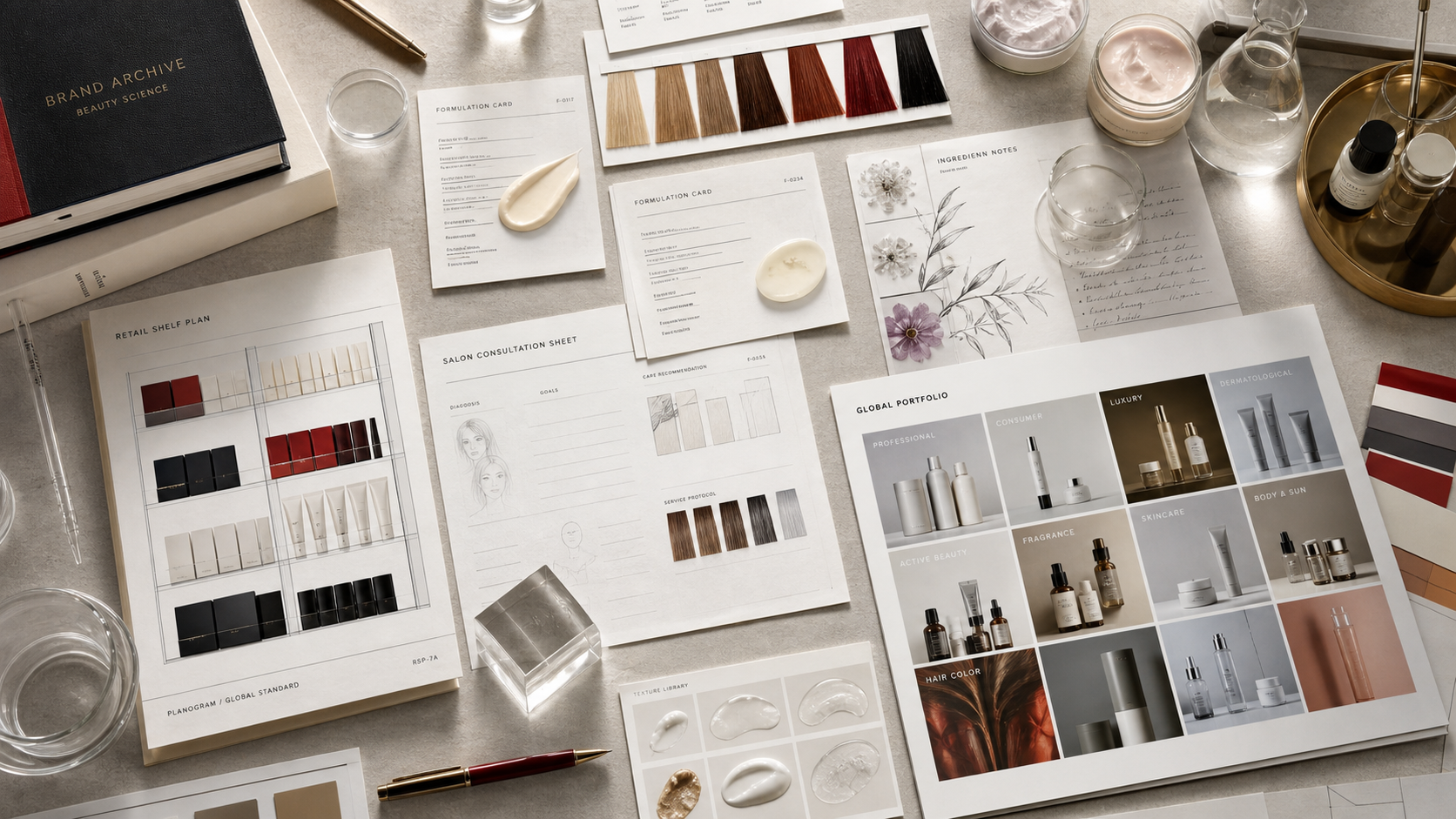 Premium editorial archive still-life of a L'Oreal beauty-science case with formulation cards, hair color swatches, skincare jars, ingredient notes, retail shelf plan, salon consultation sheets, and portfolio tiles