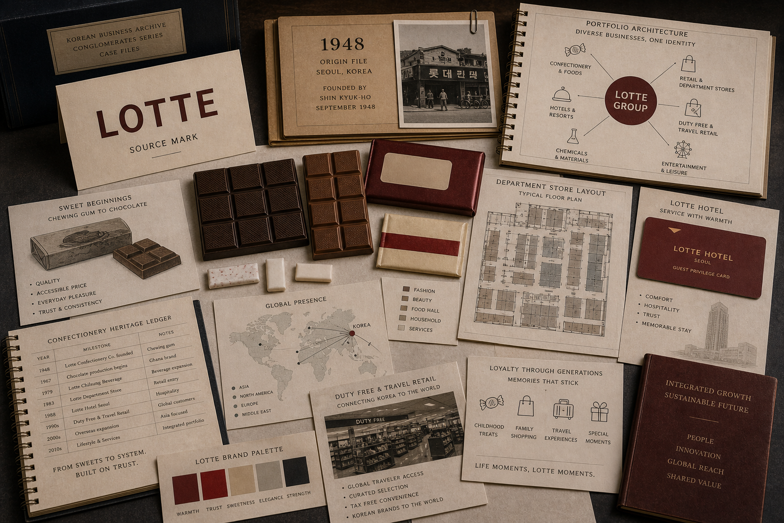 Premium editorial archive still-life of a Lotte confectionery-to-retail case with source-mark card, candy wrappers without real trade dress, department store floor cards, hotel key tag, amusement ticket, food tray token, and portfolio map