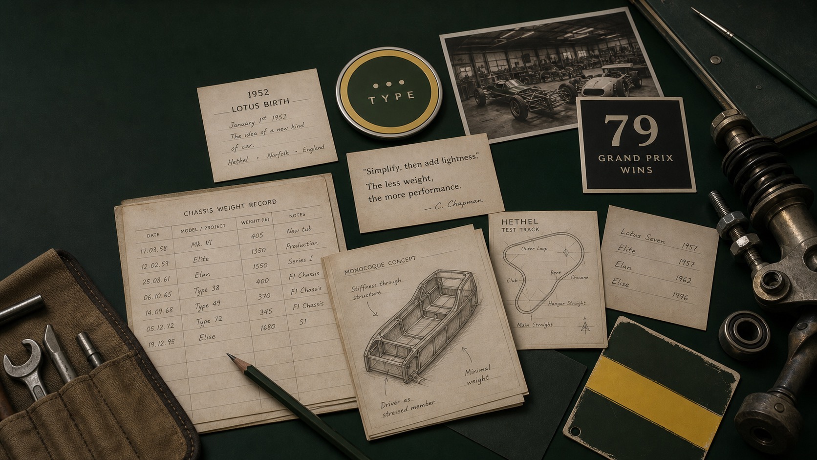 Premium editorial archive still-life of a Lotus lightweight-handling case with round badge study, 1952 Lotus birth card, lightness note, chassis weight ledger, monocoque sketch, Formula 1 wins card, Hethel test track map, yellow stripe swatch, suspension parts, and tool roll