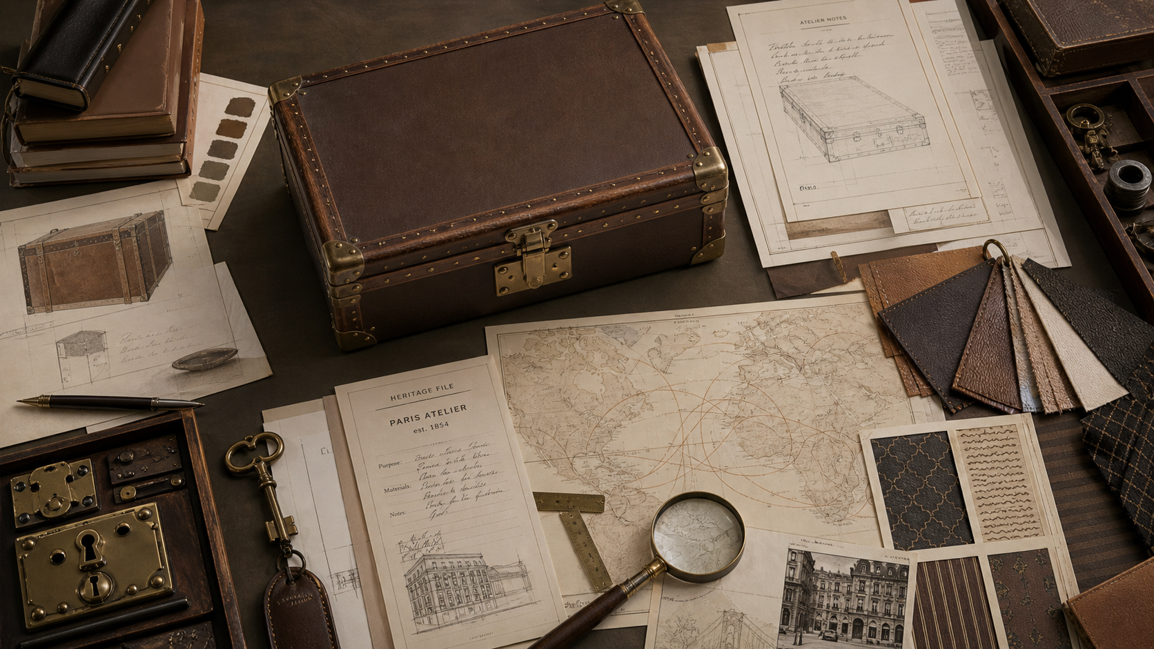 Premium editorial archive still-life of a Louis Vuitton travel-craft case with generic hard trunk, leather swatches, lock and key, route map, atelier notes, Paris heritage file, and abstract pattern cards