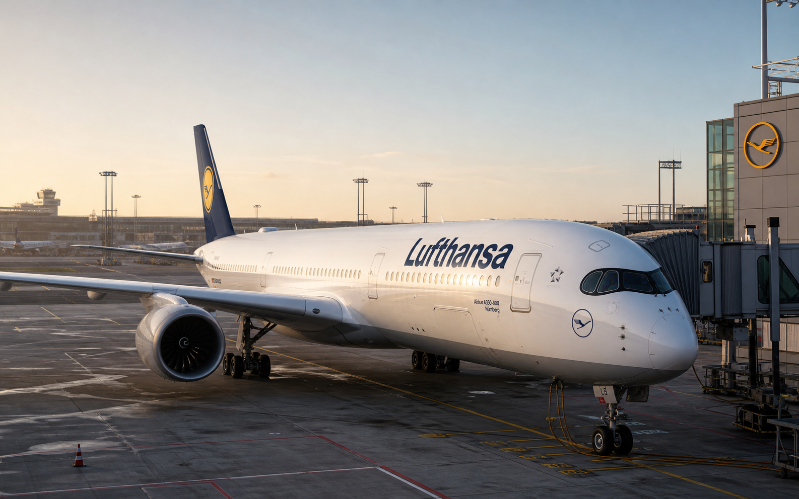 Photorealistic premium airport-gate scene with a Lufthansa aircraft in navy, white, and yellow livery.