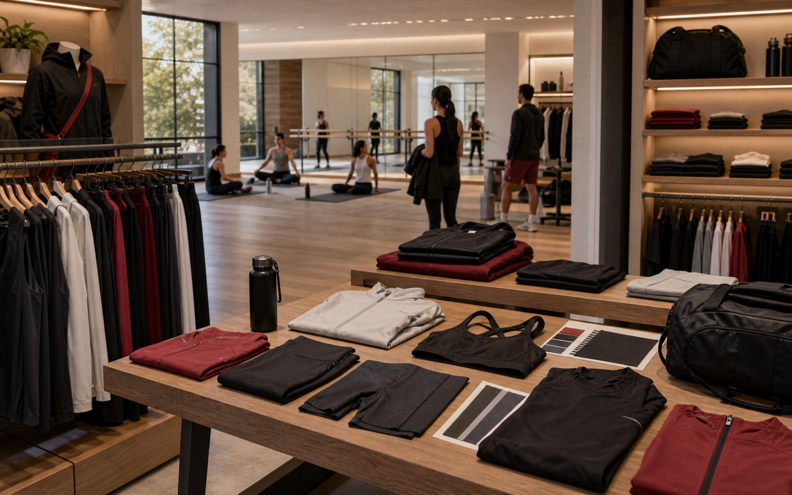 Photorealistic premium athletic apparel retail and studio scene with technical garments, training props, and community-class context.