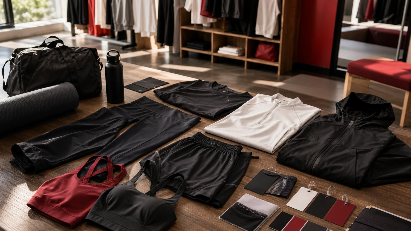Technical athletic apparel worktable with garments, fabrics, accessories, and training context.