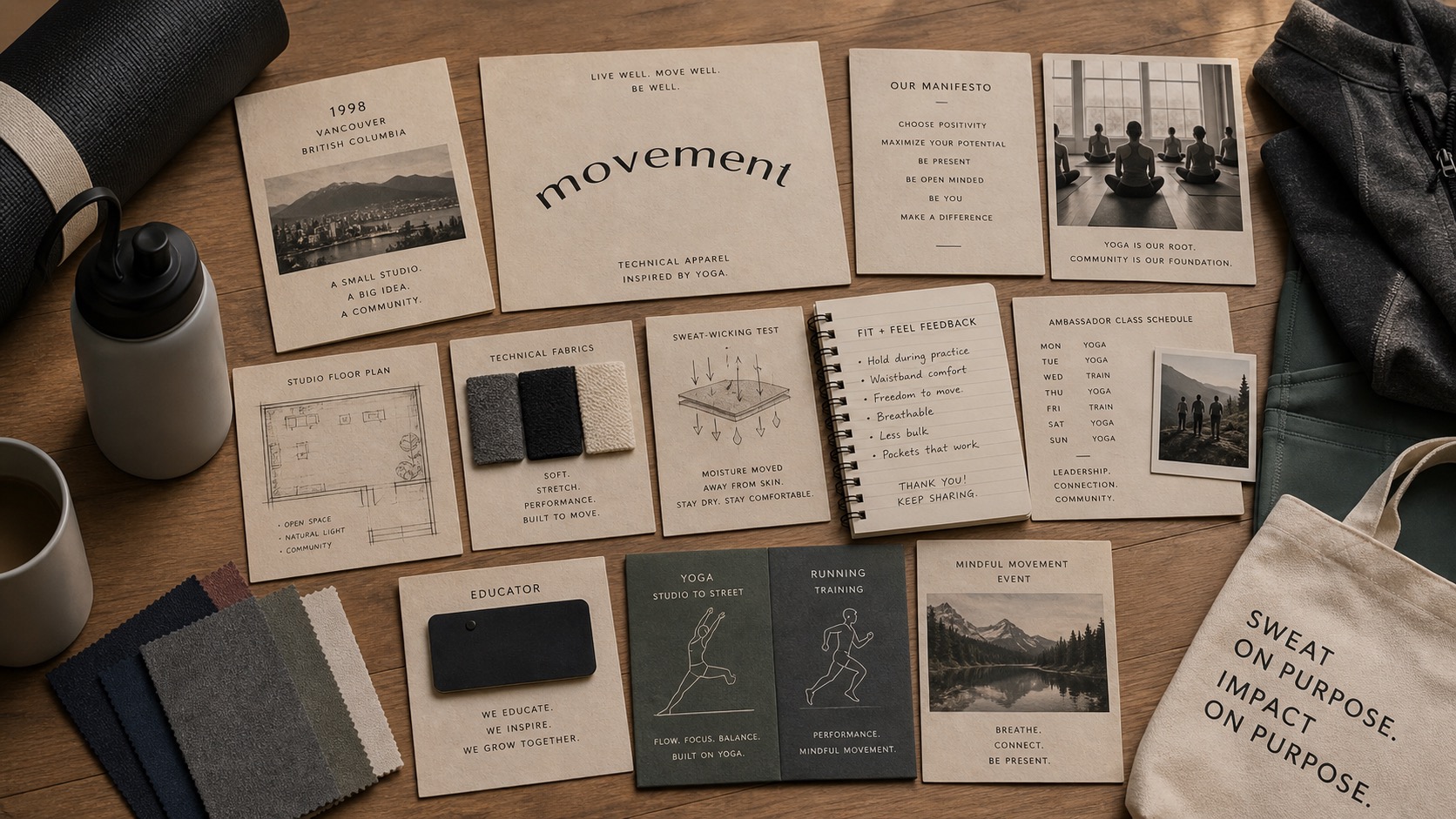 Premium editorial archive still-life of a lululemon technical yoga community case with curved wordmark card, 1998 Vancouver founding card, yoga studio floor plan, technical fabric swatches, sweat-wicking test card, fit feedback notebook, ambassador class schedule, educator name tag, training tiles, and mindfulness event card