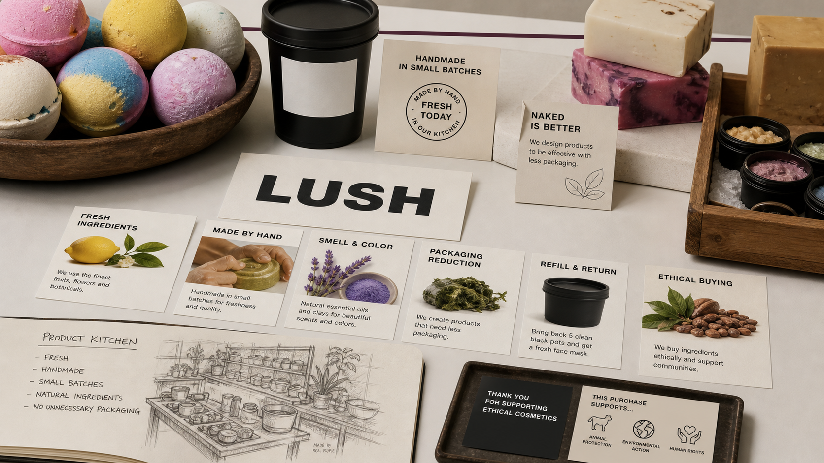 Premium editorial archive still-life of a Lush fresh handmade cosmetics case with source-mark card, bath bombs, soap blocks, black pot, ingredient cards, packaging reduction note, refill card, and product kitchen sketch