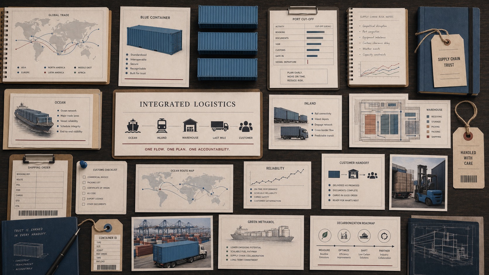Premium editorial archive still-life of a Maersk logistics trust case board with plain blue container models, global trade route maps, port cut-off schedules, shipping order forms, customs checklist, inland transport diagrams, warehouse flow plans, reliability notes, green methanol cards, and supply-chain trust files