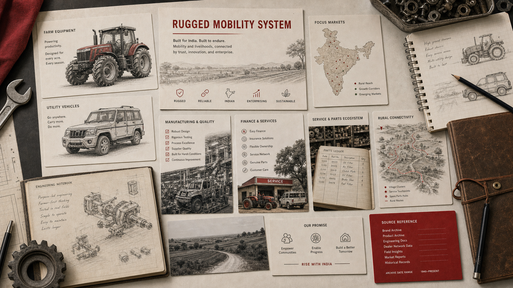 Premium editorial archive still-life of a Mahindra rugged mobility case with tractor card, SUV sketch card, farm field map, manufacturing checklist, finance-services card, rural route map, parts-service ledger, engineering notebook, and red source-reference card