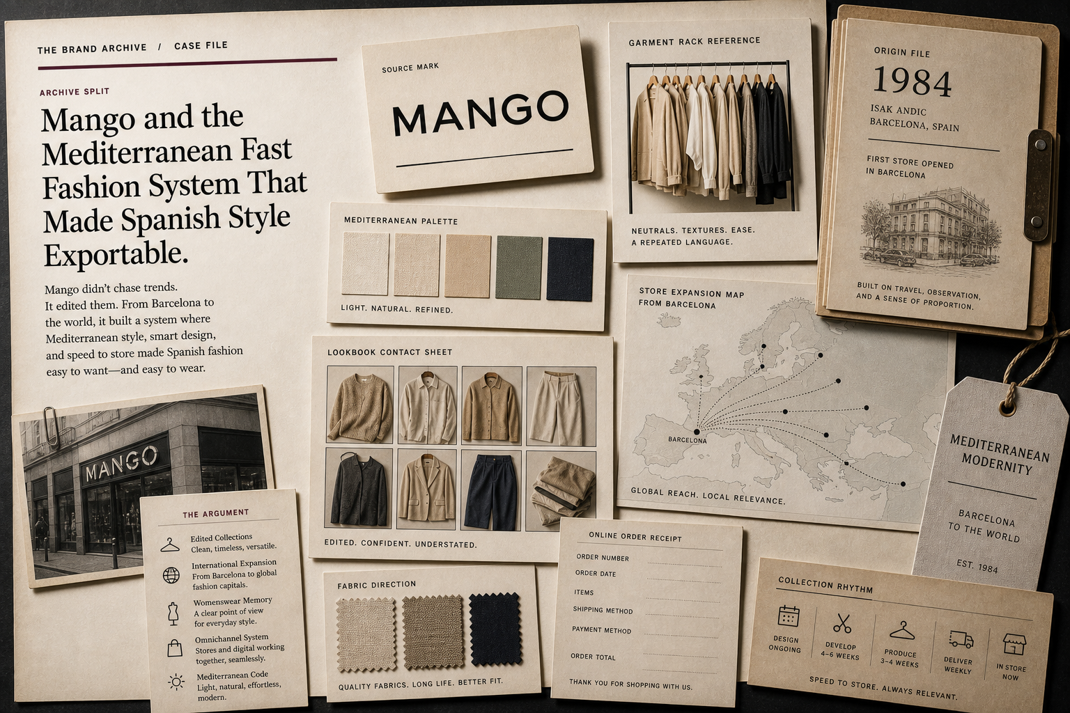Premium editorial archive still-life of a Mango Mediterranean fast fashion case with source-mark card, garment rack cards, neutral fabric swatches, lookbook contact sheet without models, store expansion map from Barcelona, online receipt, and 1984 origin file