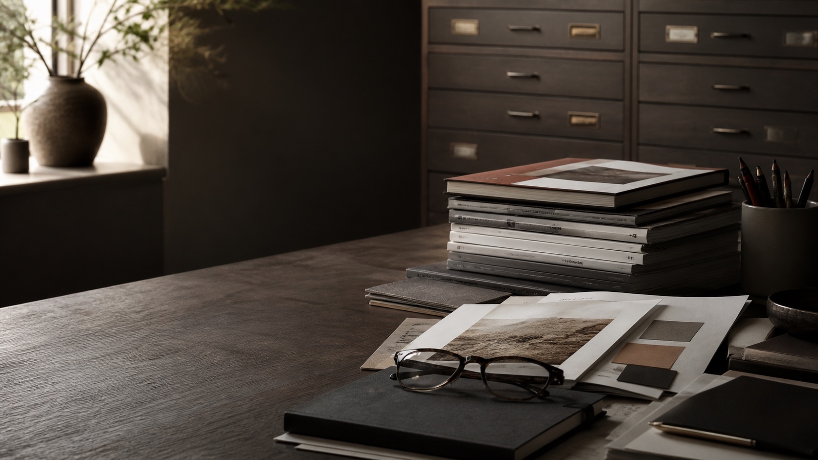 Brand strategy desk with reports, material swatches, reading glasses, and archival drawers in warm directional light.