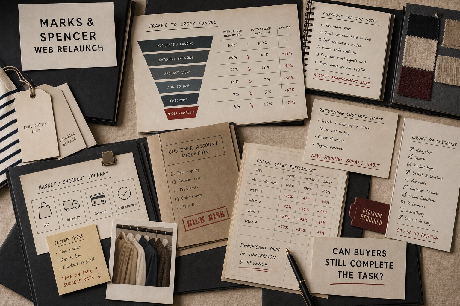 Premium editorial archive still-life of a Marks and Spencer website relaunch case with source-mark card, checkout cards, fashion retail tags, account migration folder, traffic-to-order funnel board, online sales drop ledger, and task-completion checklist