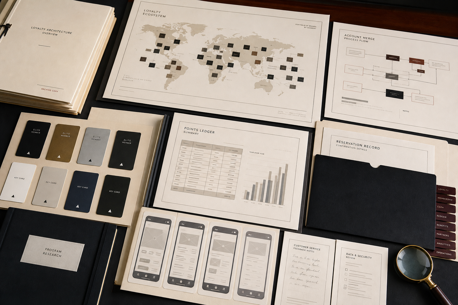Premium editorial archive still-life of a Marriott Bonvoy loyalty architecture case with generic keycards, tier cards, points ledgers, account-merge diagrams, hotel portfolio maps, app wireframes, and data-security review notes