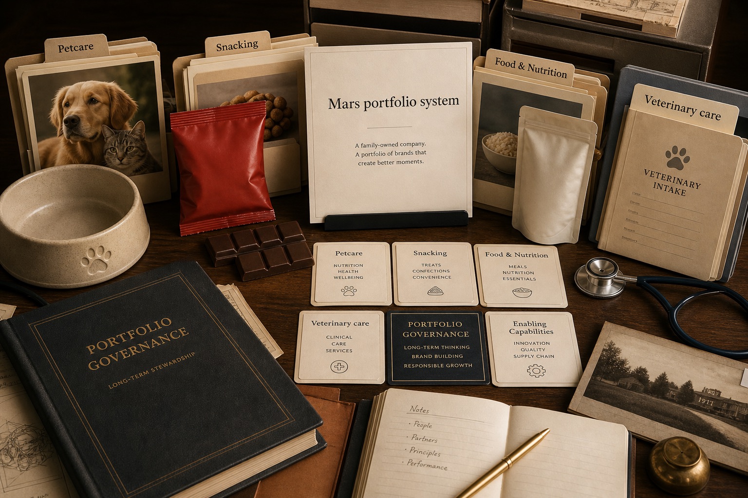 Premium editorial archive still-life for the Mars case with petcare, snacking, food and nutrition, veterinary care, portfolio governance, and Mars portfolio system files